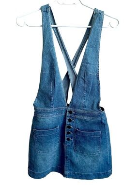 Charlotte Russe Y2K Denim Overall Dress Pinafore Button Crossback Straps Mini
